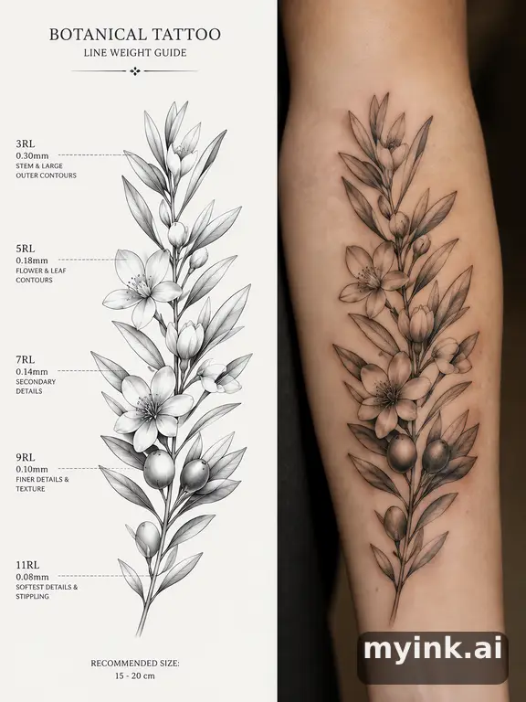 Clean stencil-ready botanical tattoo with line weight annotations — Realistic Tattoo Design reference image