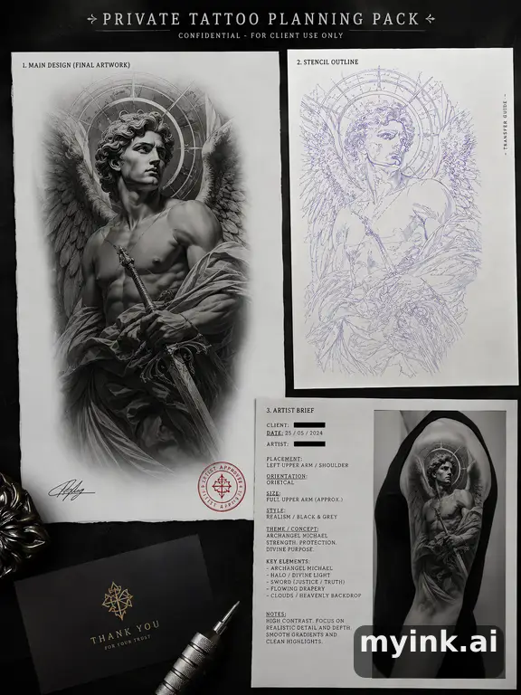 Private tattoo planning pack layout with main design — Realistic Tattoo Design reference image