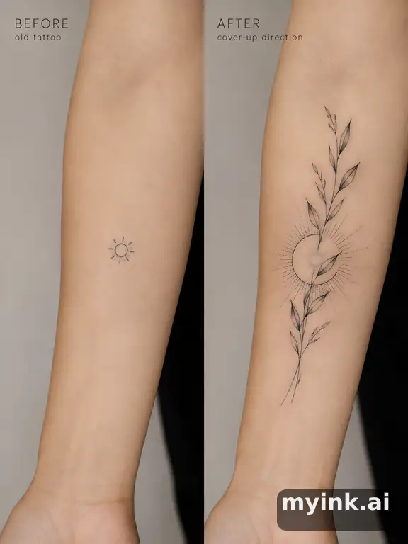 Before-and-after cover-up direction that absorbs an old small symbol — Minimalist Tattoo Design reference image