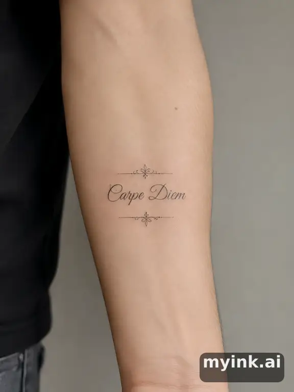 Phrase 'Carpe Diem' in vintage lettering — Minimalist Tattoo Design reference image