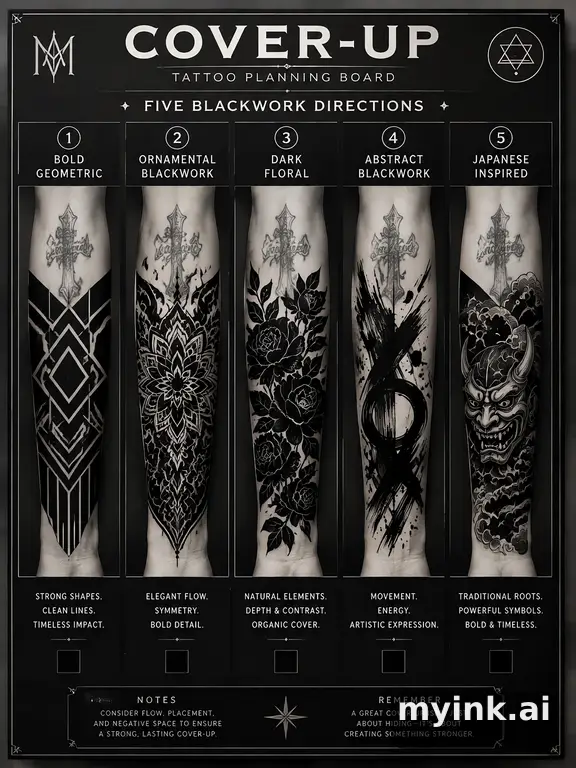 Cover-up tattoo planning board showing five blackwork directions — Blackwork Tattoo Design reference image