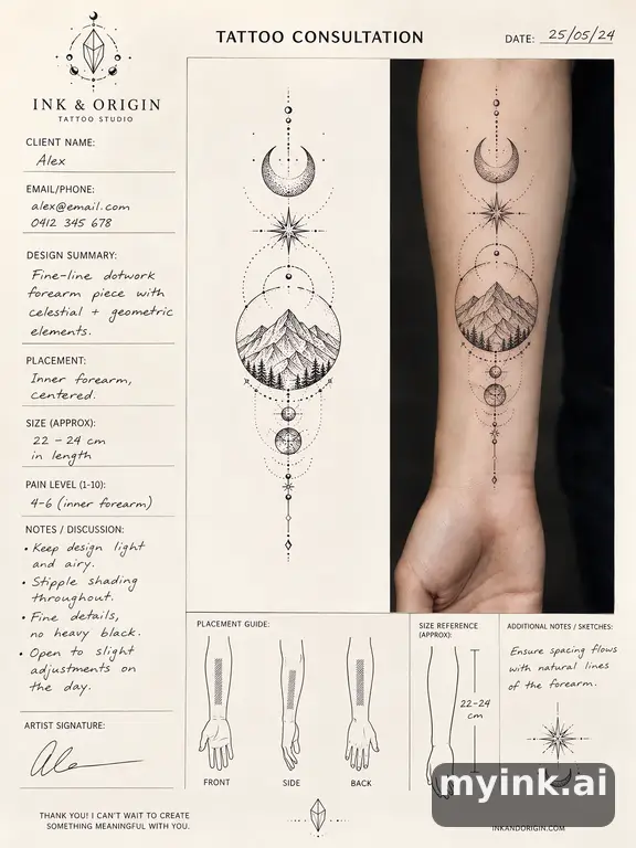 First tattoo consultation sheet with a fine-line forearm design and placement notes — Dotwork Tattoo Design reference image