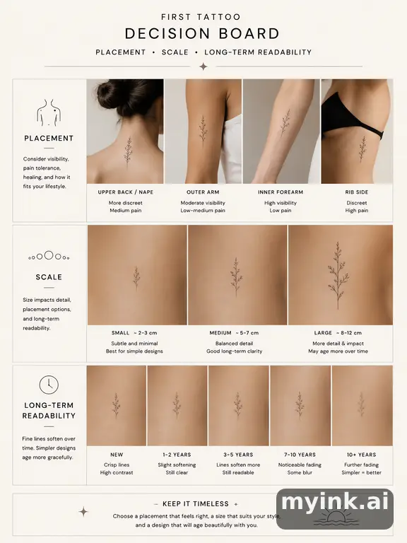 First tattoo decision board comparing placement — Minimalist Tattoo Design reference image
