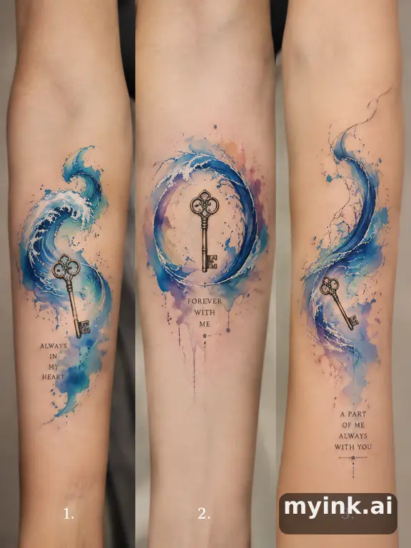 Three symbolic memorial tattoo routes based on ocean waves and a small key — Watercolor Tattoo Design reference image