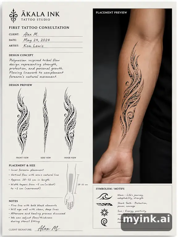 First tattoo consultation sheet with a fine-line forearm design and placement notes — Tribal Tattoo Design reference image