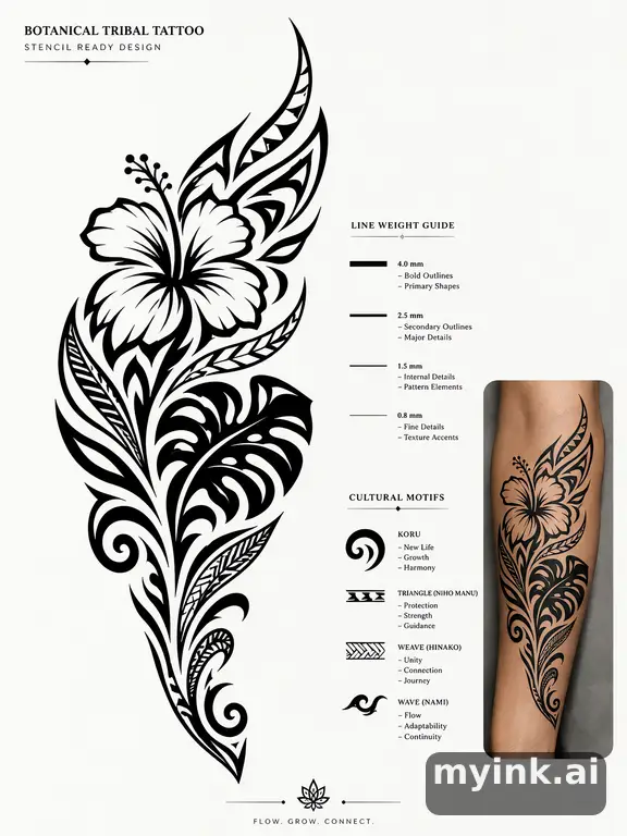 Clean stencil-ready botanical tattoo with line weight annotations — Tribal Tattoo Design reference image