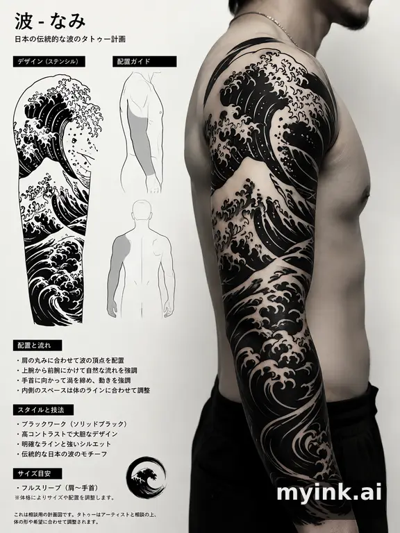 Consultation-ready Japanese wave tattoo plan with stencil and placement notes — Blackwork Tattoo Design reference image