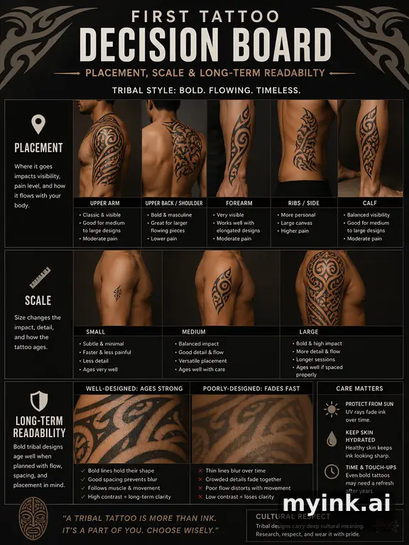 First tattoo decision board comparing placement — Tribal Tattoo Design reference image
