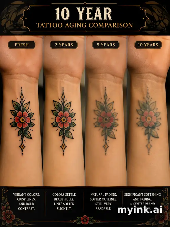Tattoo aging comparison for a minimalist wrist design over ten years — Neotraditional Tattoo Design reference image