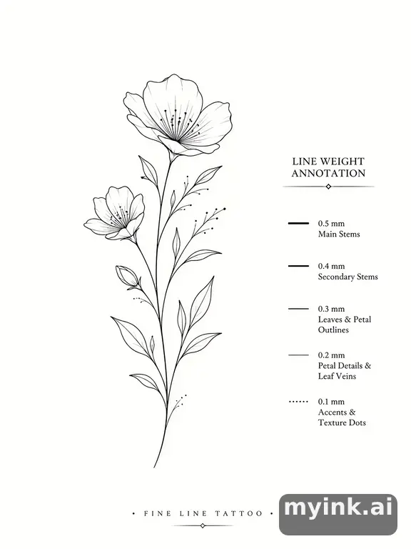 Clean stencil-ready botanical tattoo with line weight annotations — Minimalist Tattoo Design reference image