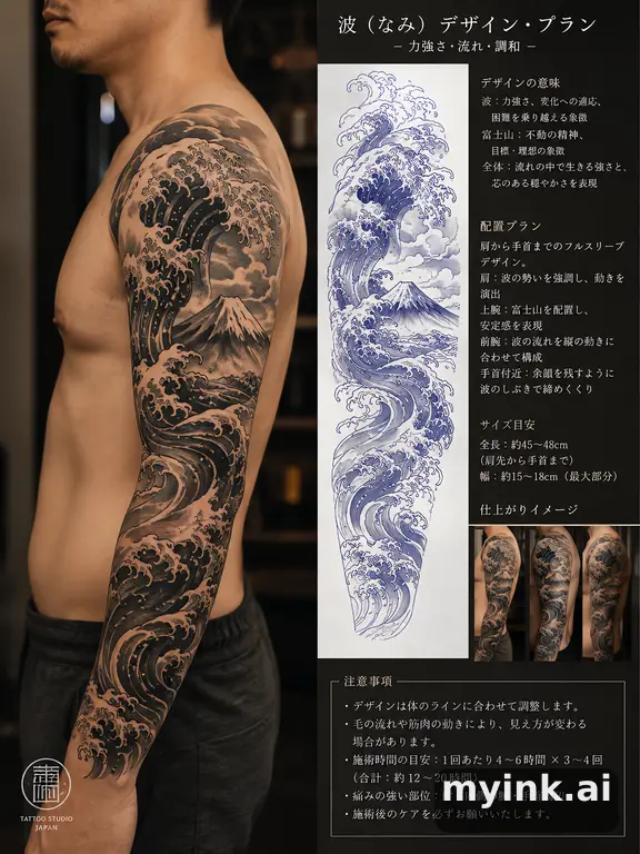 Consultation-ready Japanese wave tattoo plan with stencil and placement notes — Realistic Tattoo Design reference image