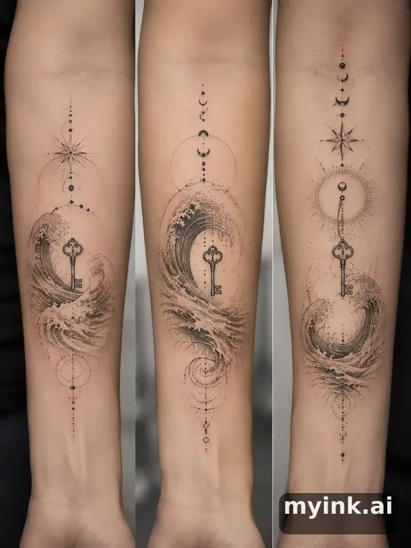 Three symbolic memorial tattoo routes based on ocean waves and a small key — Dotwork Tattoo Design reference image