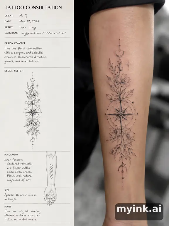 First tattoo consultation sheet with a fine-line forearm design and placement notes — Realistic Tattoo Design reference image
