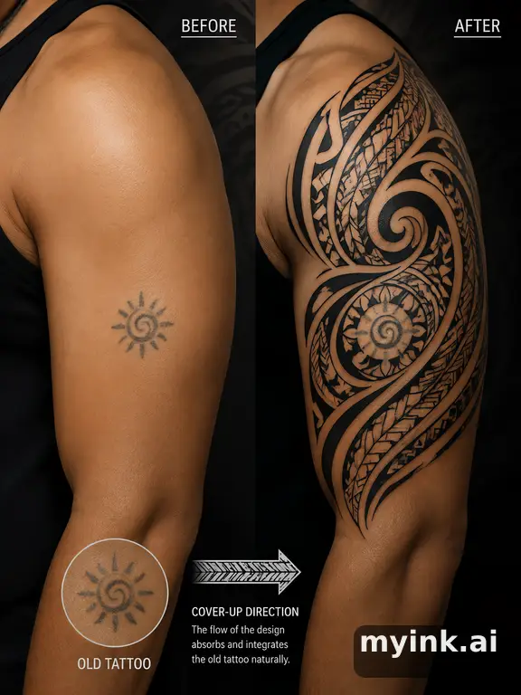 Before-and-after cover-up direction that absorbs an old small symbol — Tribal Tattoo Design reference image