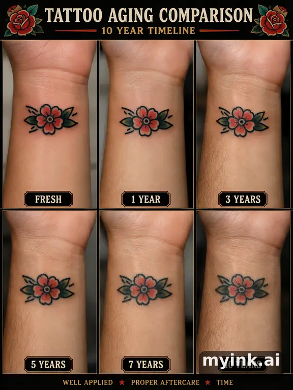 Tattoo aging comparison for a minimalist wrist design over ten years — Traditional Tattoo Design reference image