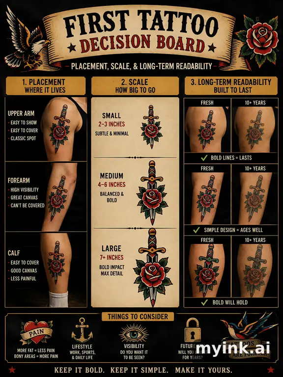 First tattoo decision board comparing placement — Traditional Tattoo Design reference image