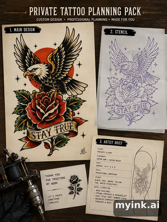 Private tattoo planning pack layout with main design — Traditional Tattoo Design reference image