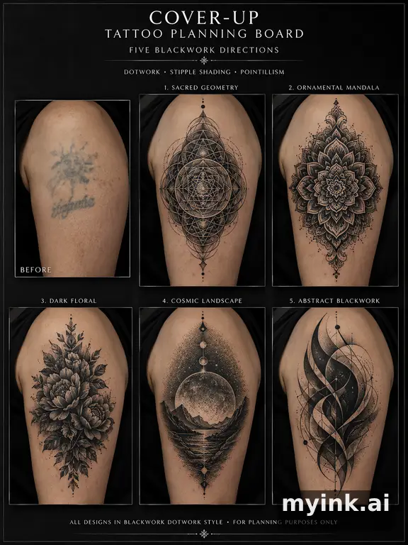 Cover-up tattoo planning board showing five blackwork directions — Dotwork Tattoo Design reference image
