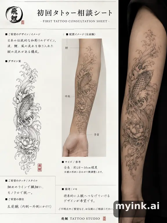 First tattoo consultation sheet with a fine-line forearm design and placement notes — Japanese Tattoo Design reference image