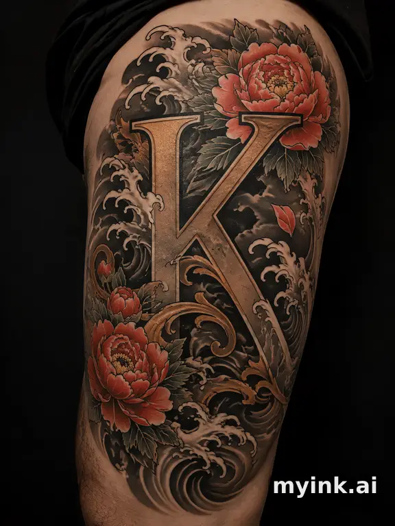 Single capital letter with ornate floral embellishments — Japanese Tattoo Design reference image