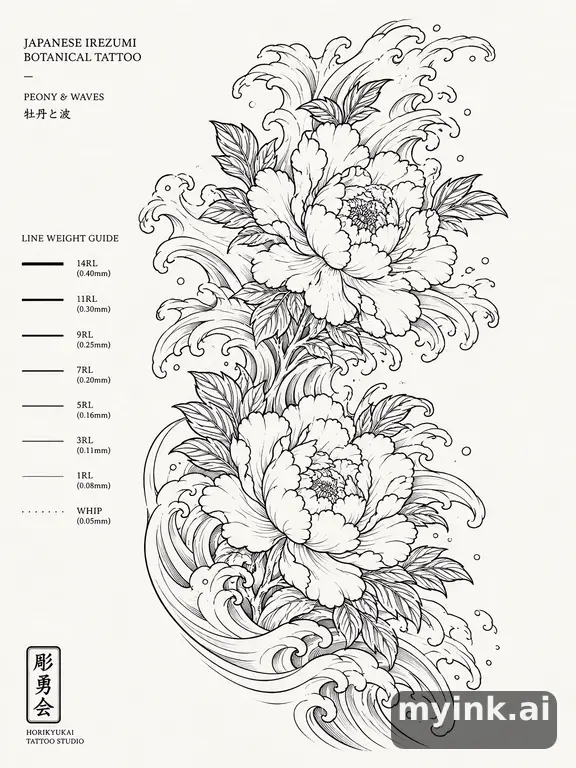Clean stencil-ready botanical tattoo with line weight annotations — Japanese Tattoo Design reference image