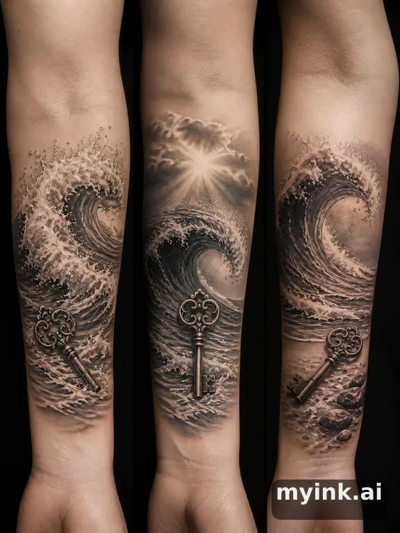 Three symbolic memorial tattoo routes based on ocean waves and a small key — Realistic Tattoo Design reference image