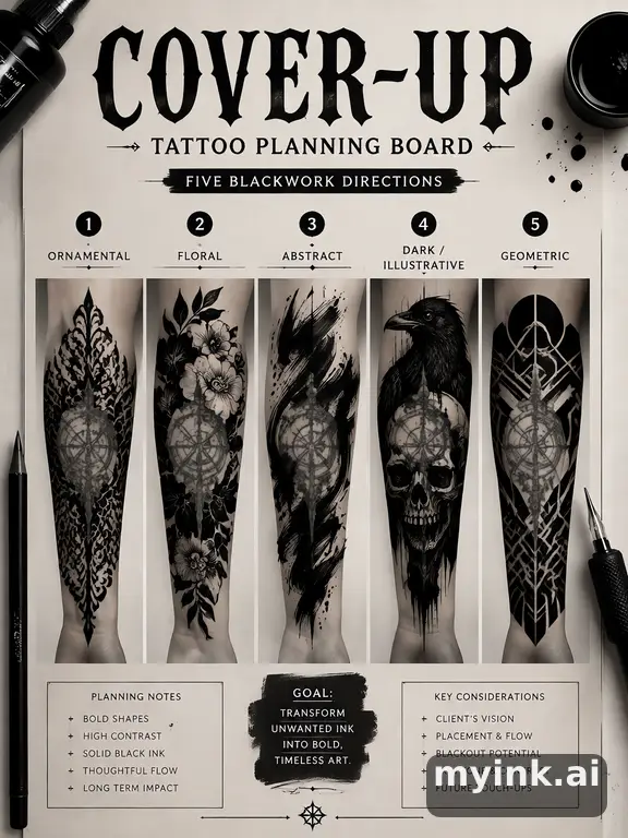 Cover-up tattoo planning board showing five blackwork directions — Blackwork Tattoo Design reference image