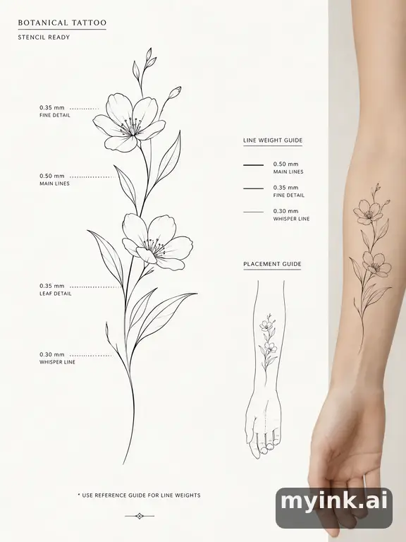 Clean stencil-ready botanical tattoo with line weight annotations — Minimalist Tattoo Design reference image