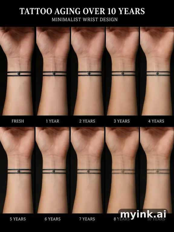 Tattoo aging comparison for a minimalist wrist design over ten years — Blackwork Tattoo Design reference image