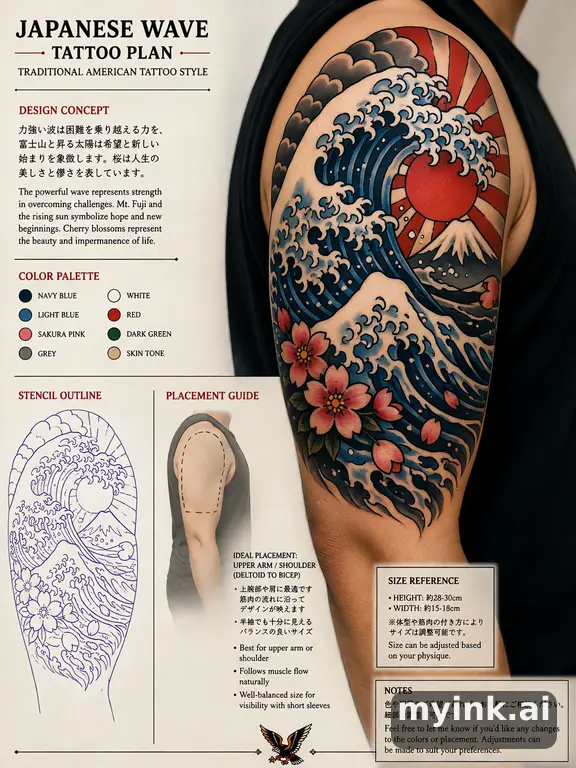 Consultation-ready Japanese wave tattoo plan with stencil and placement notes — Traditional Tattoo Design reference image