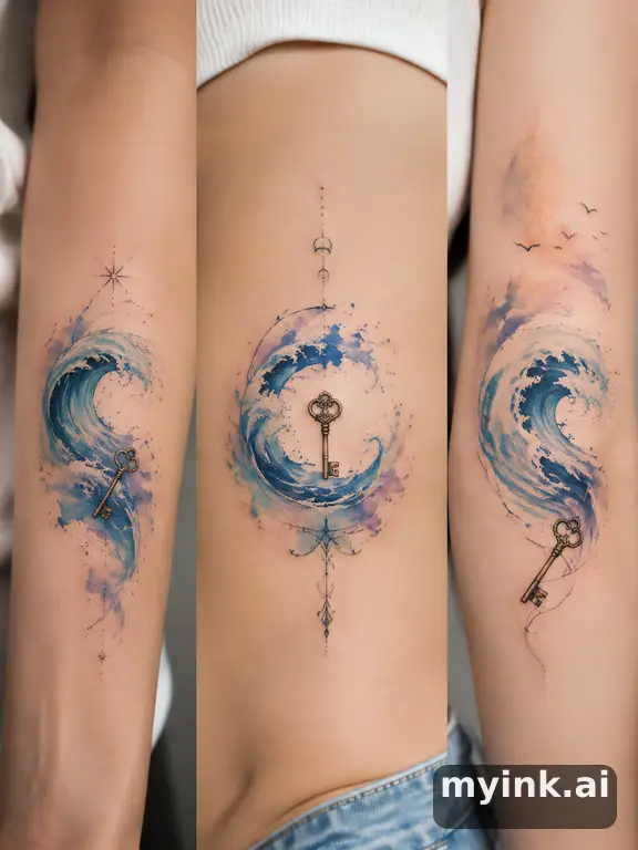 Three symbolic memorial tattoo routes based on ocean waves and a small key — Watercolor Tattoo Design reference image