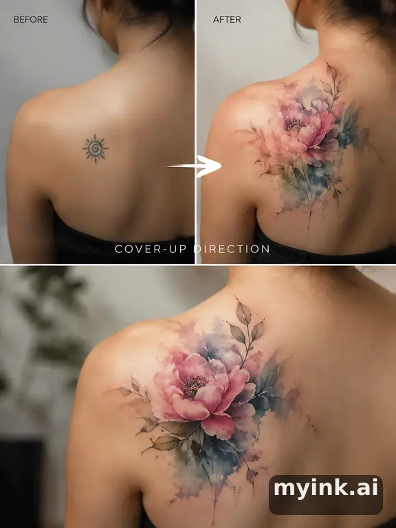 Before-and-after cover-up direction that absorbs an old small symbol — Watercolor Tattoo Design reference image