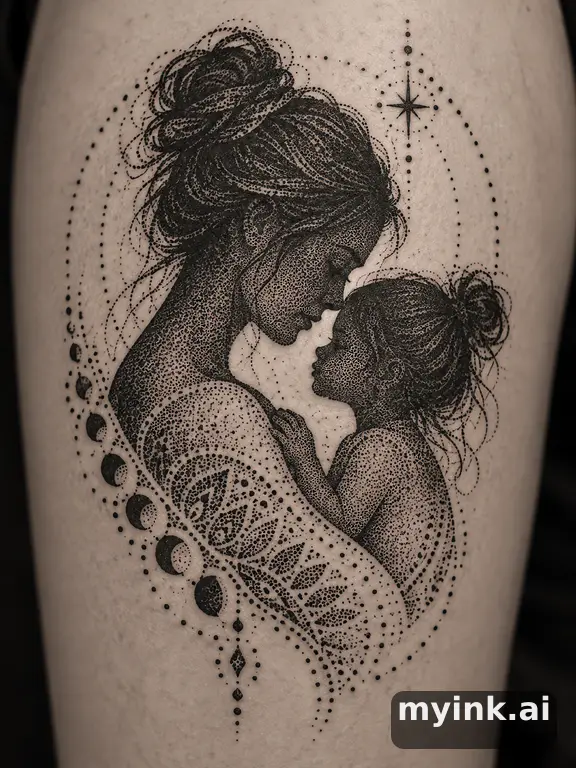Mother and child silhouette — Dotwork Tattoo Design reference image