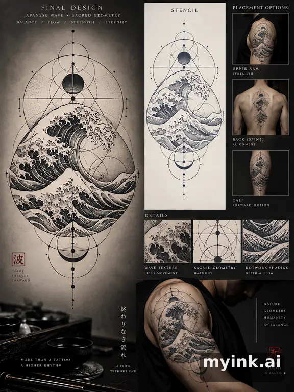 Consultation-ready Japanese wave tattoo plan with stencil and placement notes — Geometric Tattoo Design reference image