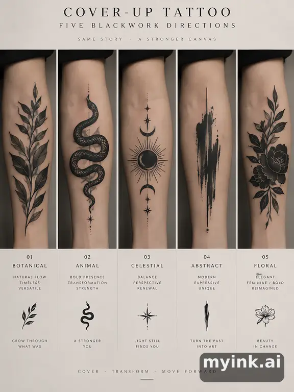Cover-up tattoo planning board showing five blackwork directions — Minimalist Tattoo Design reference image