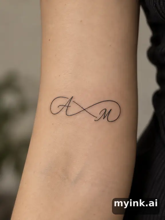 Two initials connected by an infinity loop in minimalist line art — Minimalist Tattoo Design reference image