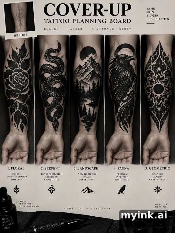 Cover-up tattoo planning board showing five blackwork directions — Blackwork Tattoo Design reference image