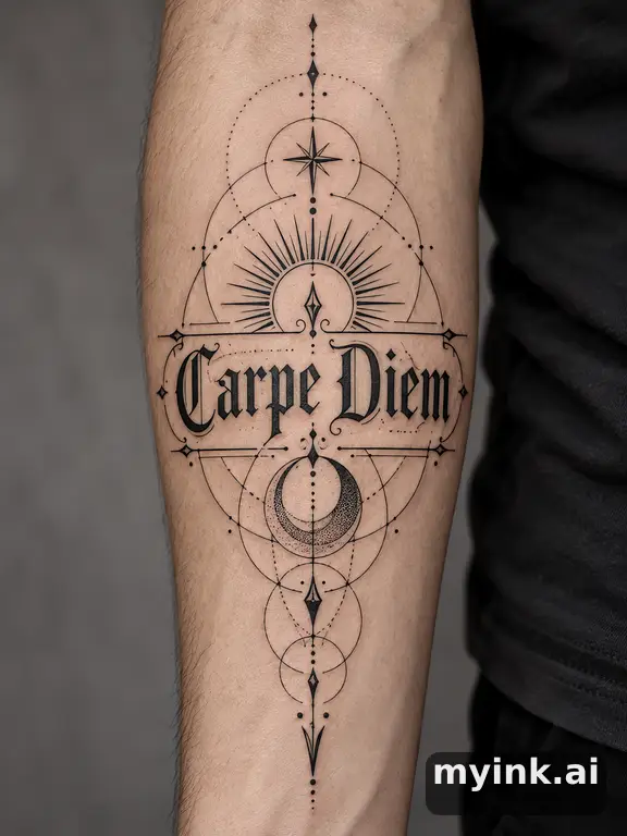 Phrase 'Carpe Diem' in vintage lettering — Geometric Tattoo Design reference image