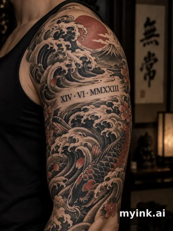 Meaningful date in roman numerals with subtle dotwork shading — Japanese Tattoo Design reference image