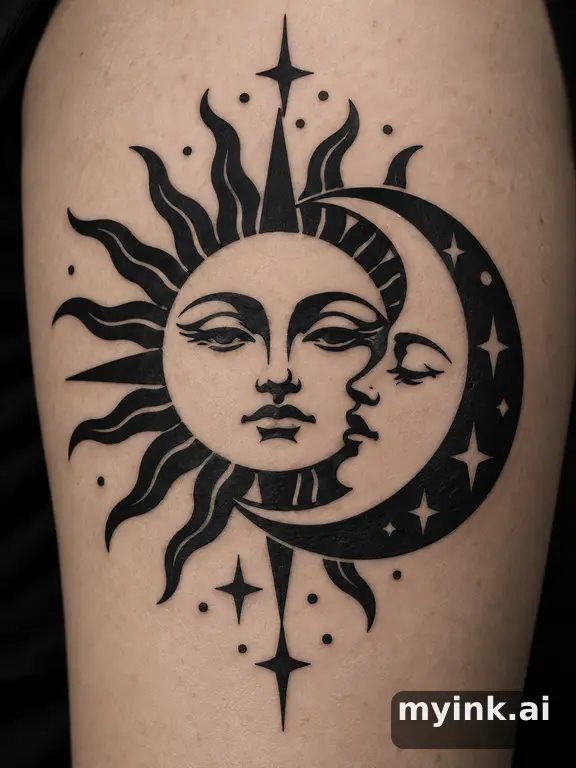 Sun and moon together — Blackwork Tattoo Design reference image