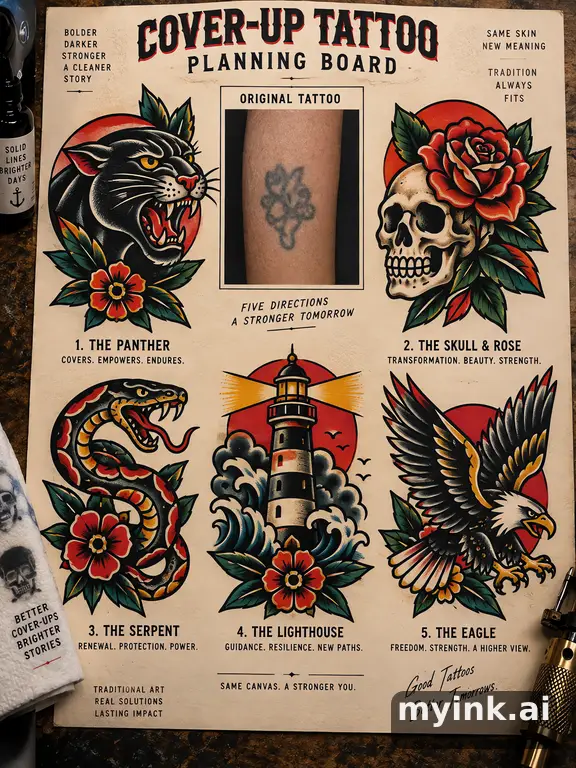 Cover-up tattoo planning board showing five blackwork directions — Traditional Tattoo Design reference image