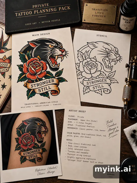 Private tattoo planning pack layout with main design — Traditional Tattoo Design reference image