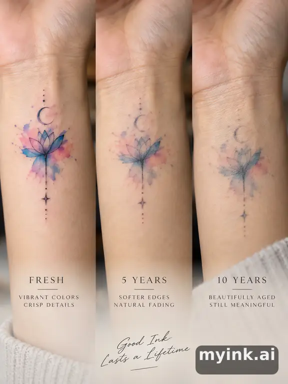 Tattoo aging comparison for a minimalist wrist design over ten years — Watercolor Tattoo Design reference image