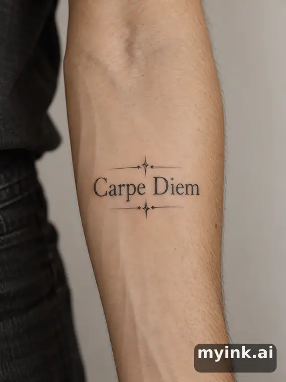Phrase 'Carpe Diem' in vintage lettering — Minimalist Tattoo Design reference image