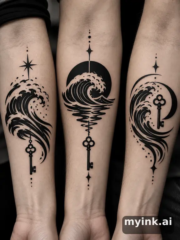 Three symbolic memorial tattoo routes based on ocean waves and a small key — Blackwork Tattoo Design reference image