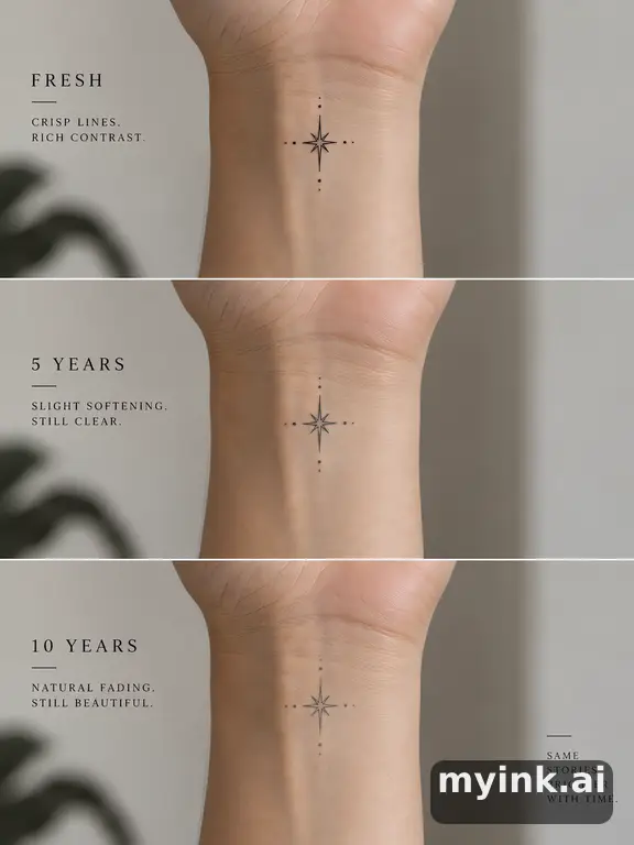 Tattoo aging comparison for a minimalist wrist design over ten years — Minimalist Tattoo Design reference image
