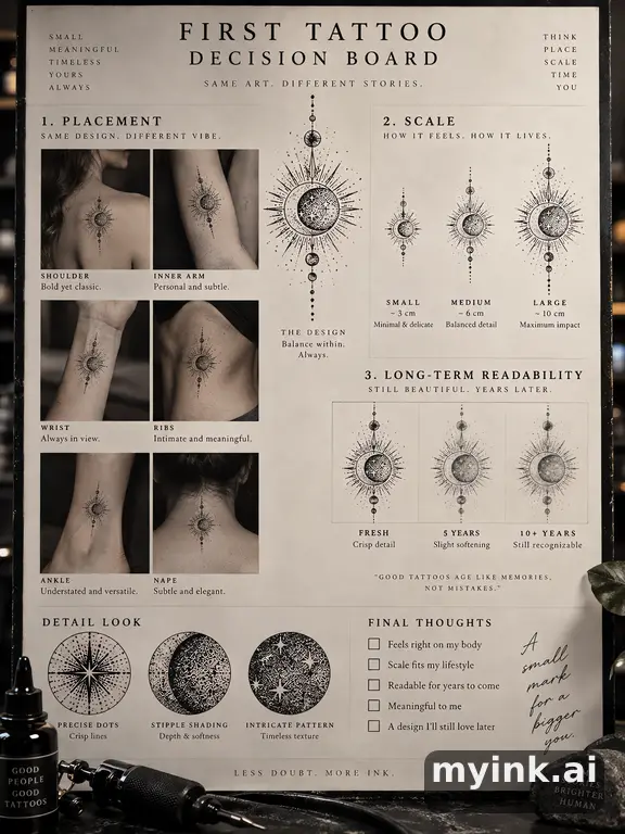 First tattoo decision board comparing placement — Dotwork Tattoo Design reference image