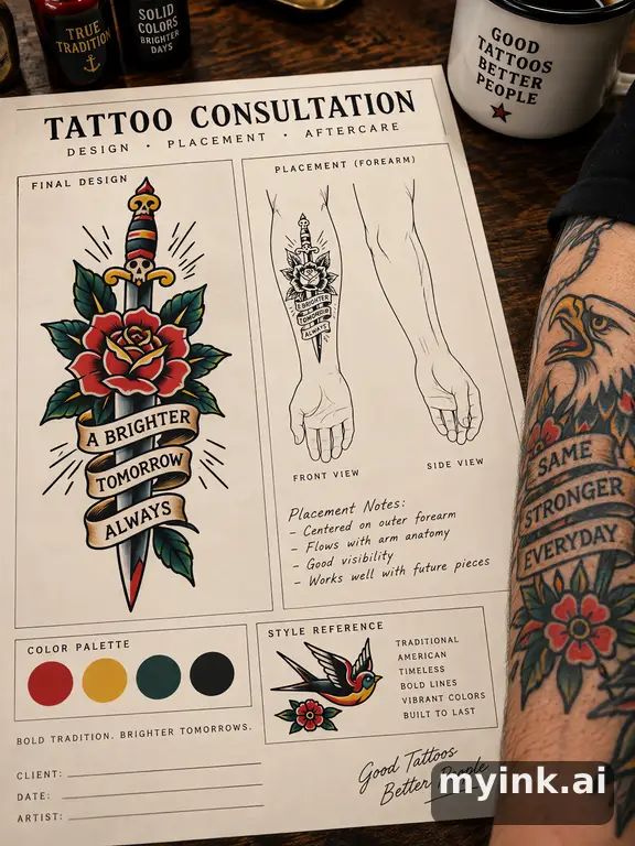 First tattoo consultation sheet with a fine-line forearm design and placement notes — Traditional Tattoo Design reference image