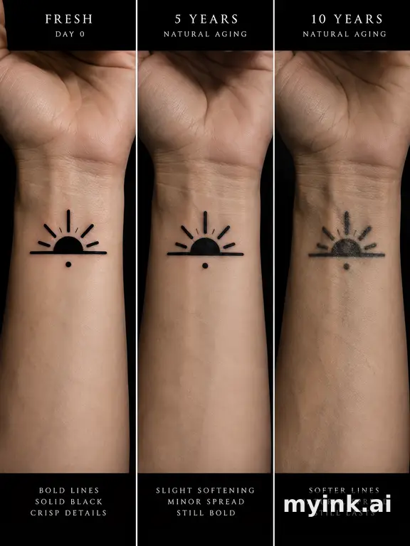 Tattoo aging comparison for a minimalist wrist design over ten years — Blackwork Tattoo Design reference image