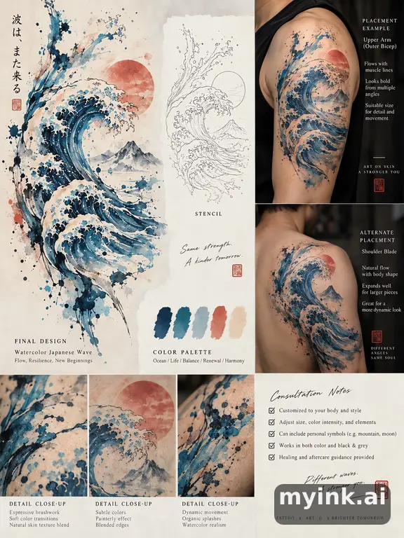 Consultation-ready Japanese wave tattoo plan with stencil and placement notes — Watercolor Tattoo Design reference image